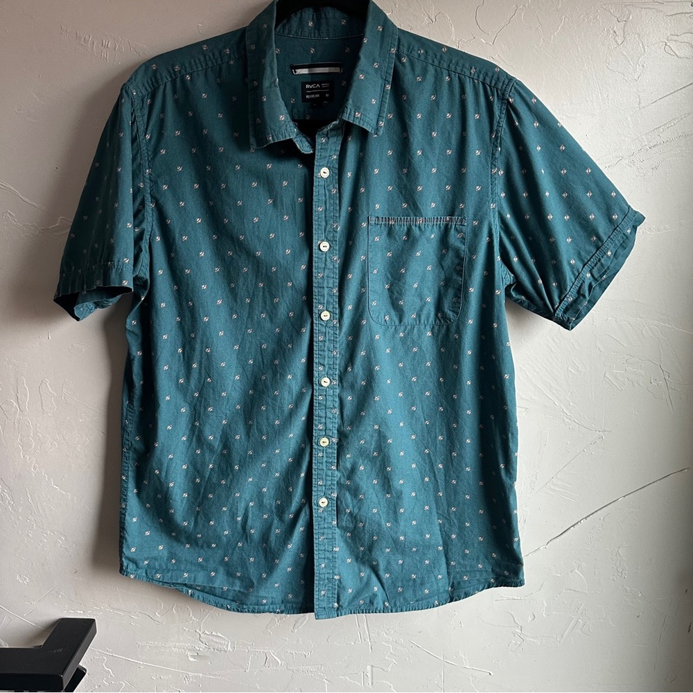 RVCA Teal Patterned Button Up Shirt Surf Skate Cotton‎ Indie Dad Core M Casual